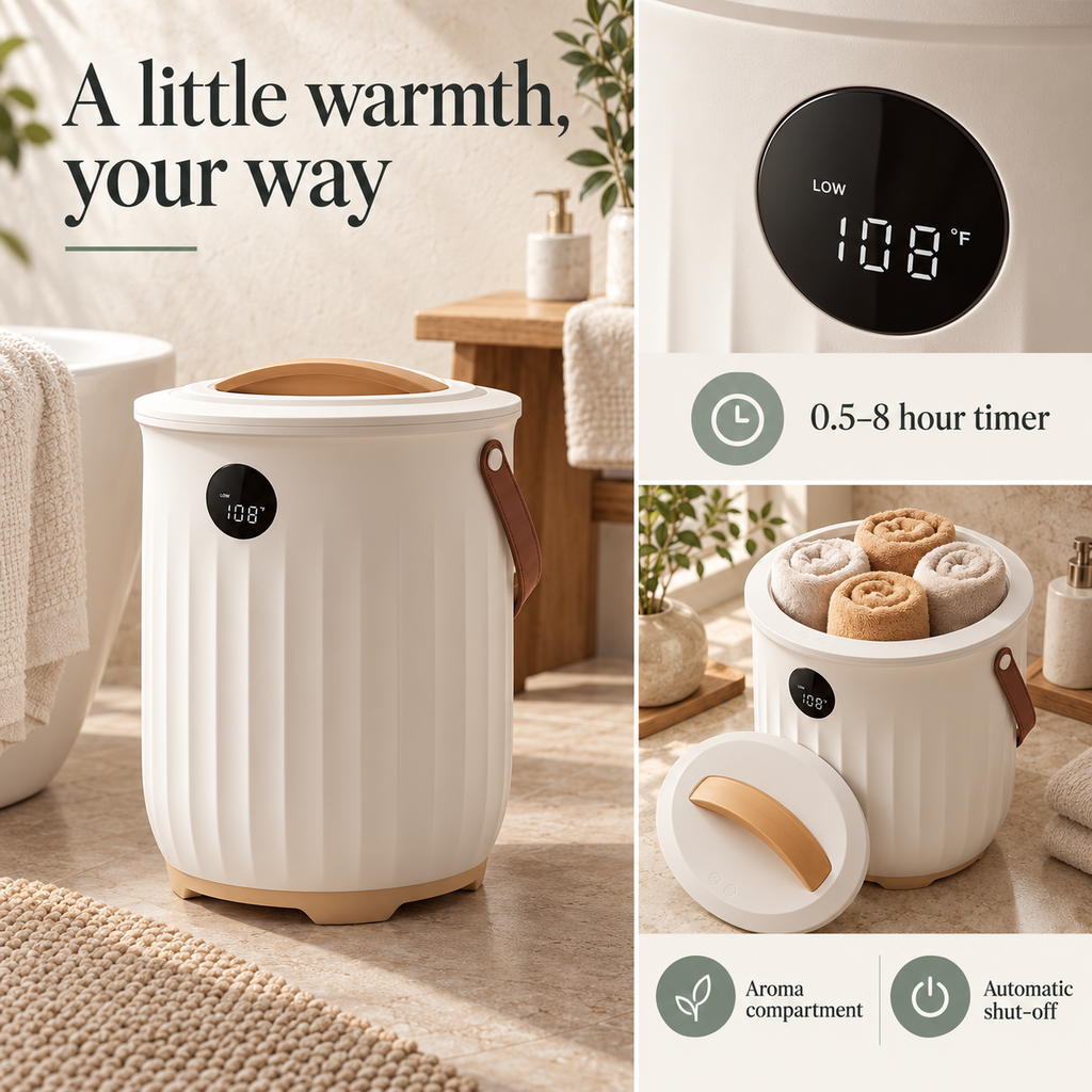 Aroma Towel Warmer Bucket — A little warmth, your way; product information collage