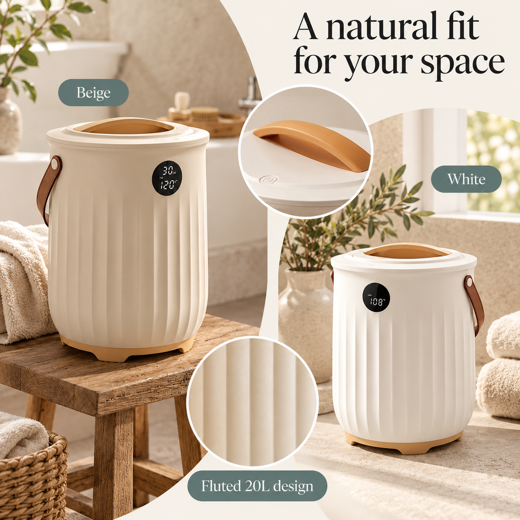 Aroma Towel Warmer Bucket — A natural fit for your space; product information collage
