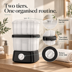 Double-Layer Towel Steamer — Two tiers. One organised routine.; product information collage