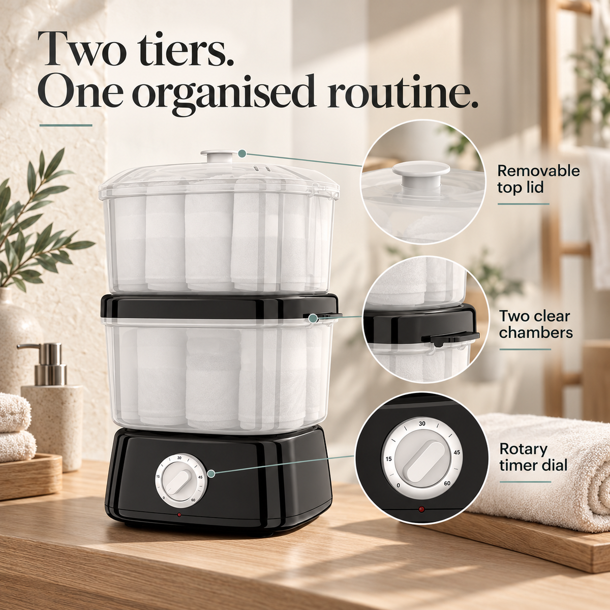 Double-Layer Towel Steamer — Two tiers. One organised routine.; product information collage