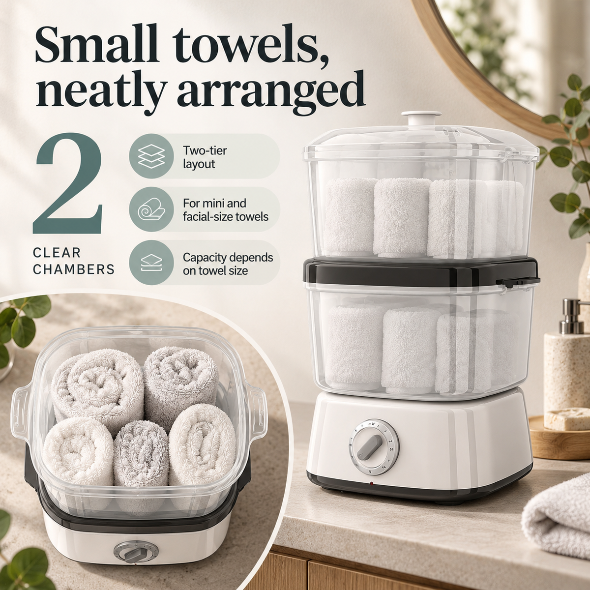 Double-Layer Towel Steamer — Small towels, neatly arranged; product information collage