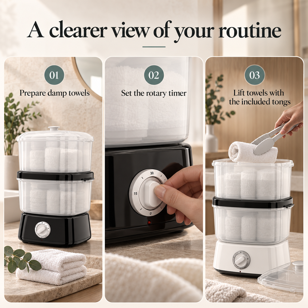 Double-Layer Towel Steamer — A clearer view of your routine; product information collage