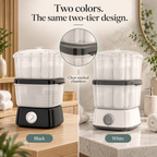 Double-Layer Towel Steamer — Two colors. The same two-tier design.; product information collage