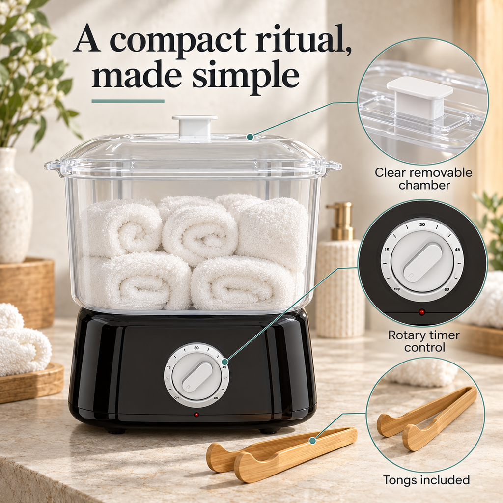 Mini Towel Steamer — A compact ritual, made simple; product information collage