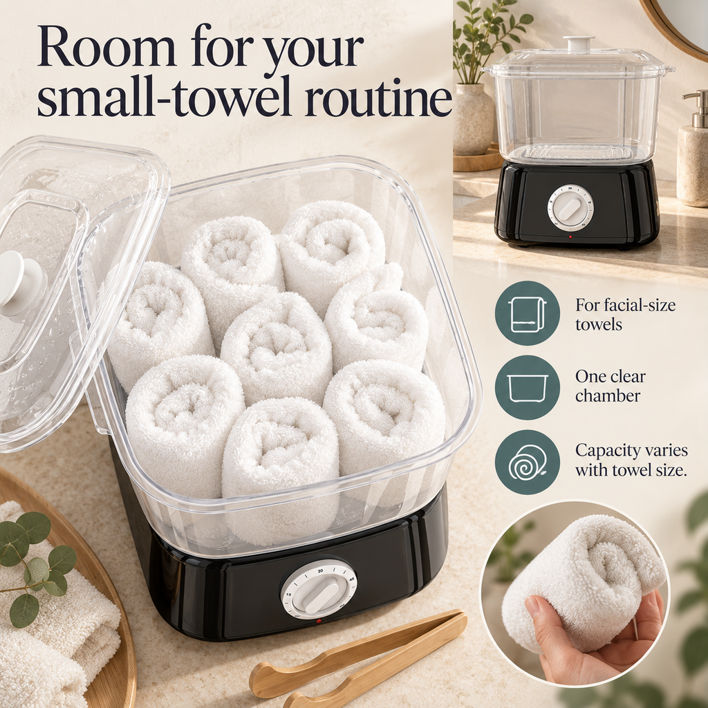 Mini Towel Steamer — Room for your small-towel routine; product information collage