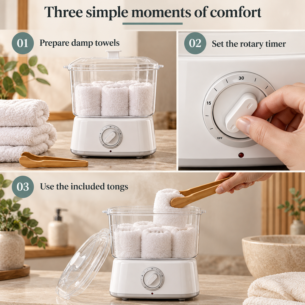 Mini Towel Steamer — Three simple moments of comfort; product information collage