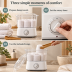 Mini Towel Steamer — Three simple moments of comfort; product information collage