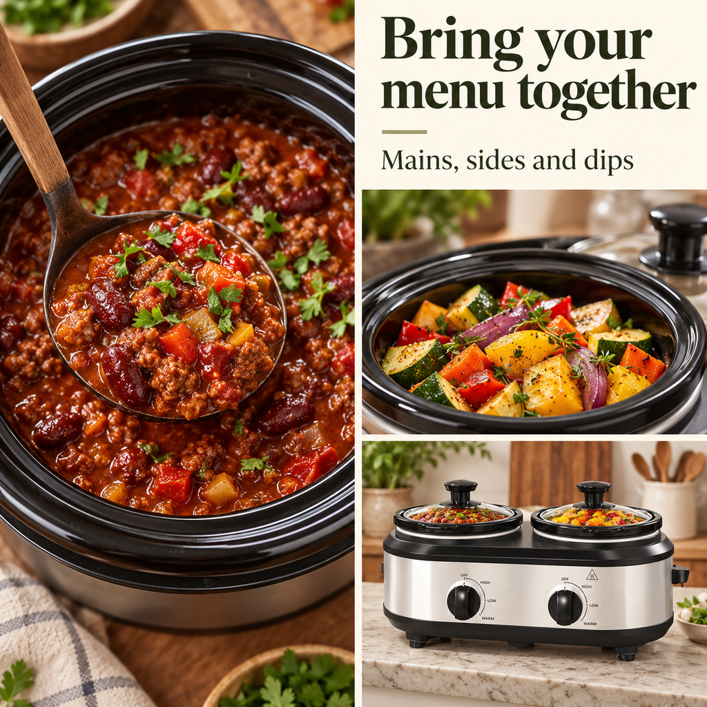Dual slow cooker — food detail collage with mains, sides and dips