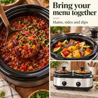 Dual slow cooker — food detail collage with mains, sides and dips
