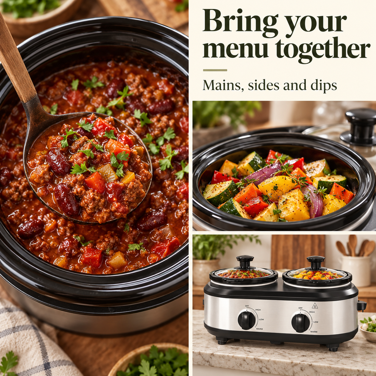 Dual slow cooker — food detail collage with mains, sides and dips