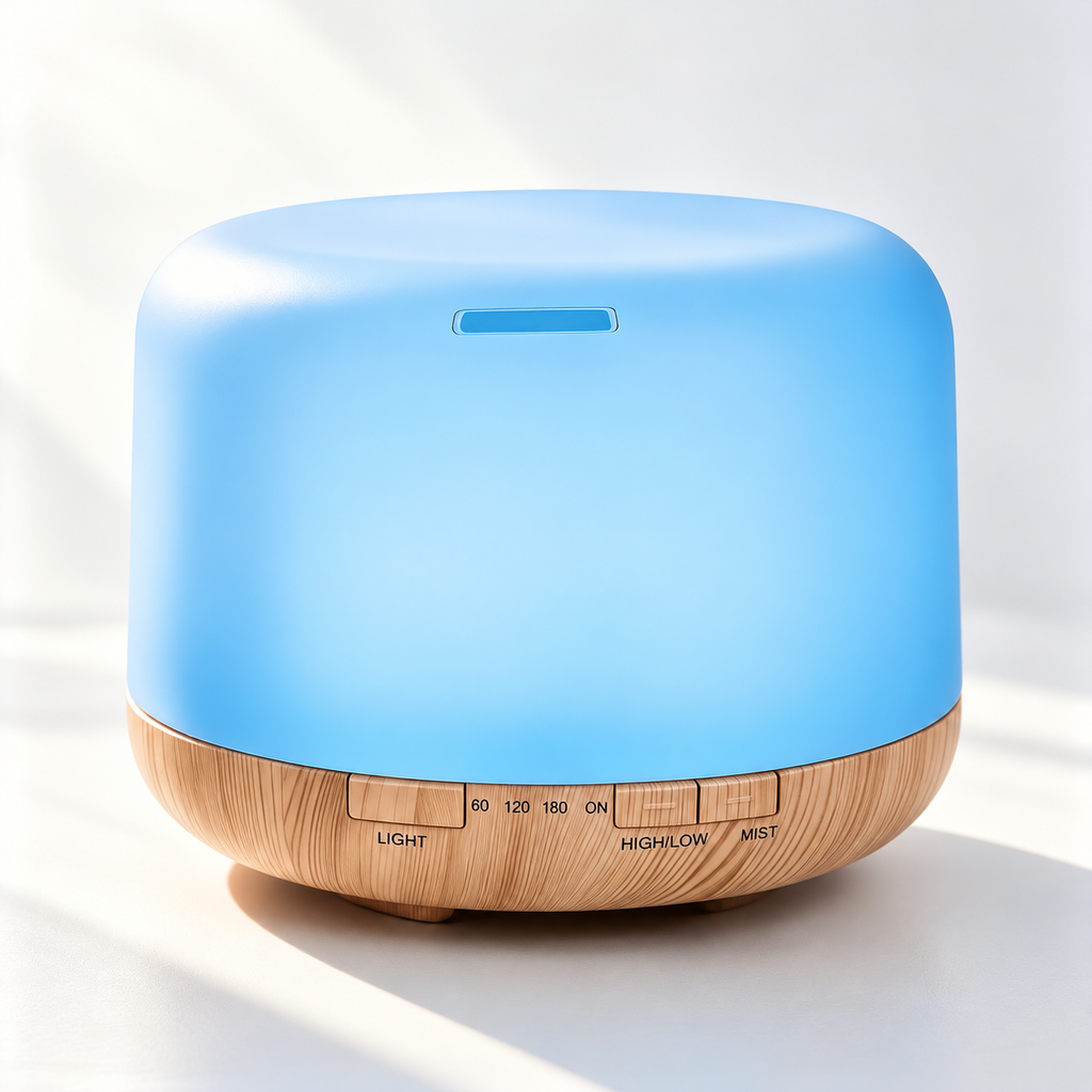 Dome aroma diffuser with blue lighting and a light brown wood grain base