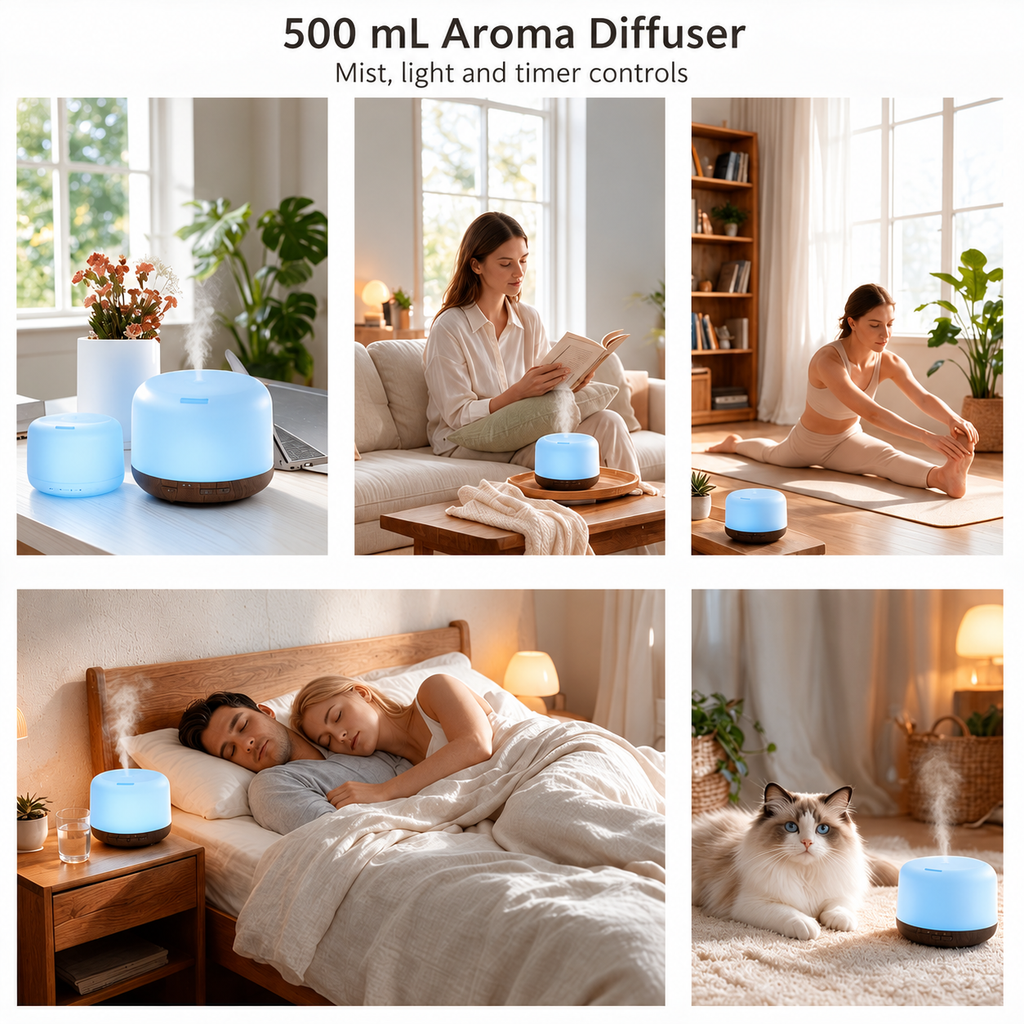 Dome aroma diffuser in a five panel collage showing the original tabletop and room scenes