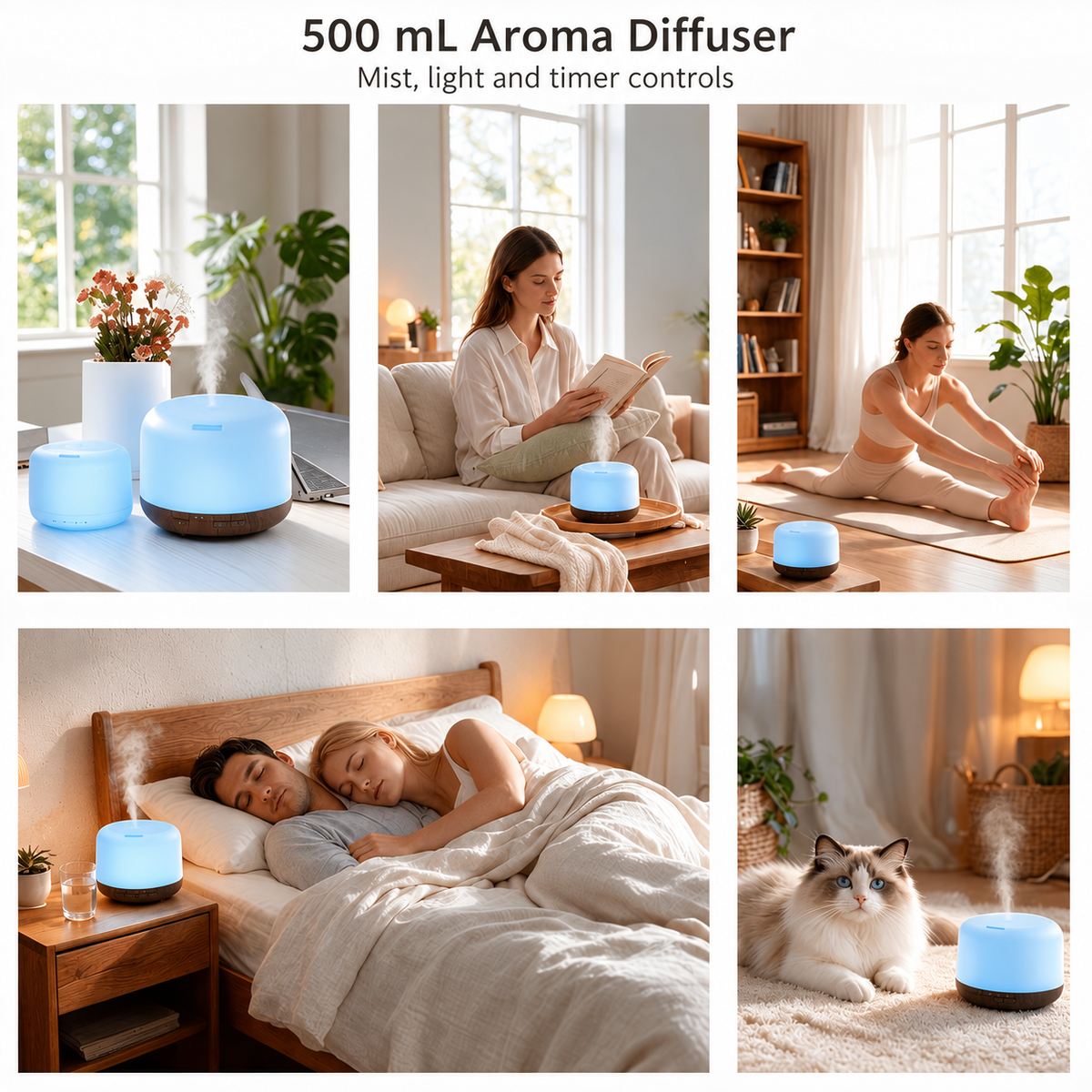 Dome aroma diffuser in a five panel collage showing the original tabletop and room scenes