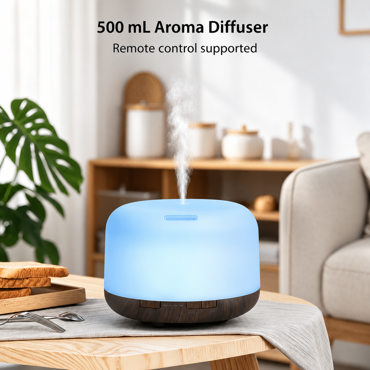 Dome aroma diffuser on a table with 500 mL capacity and remote control support information