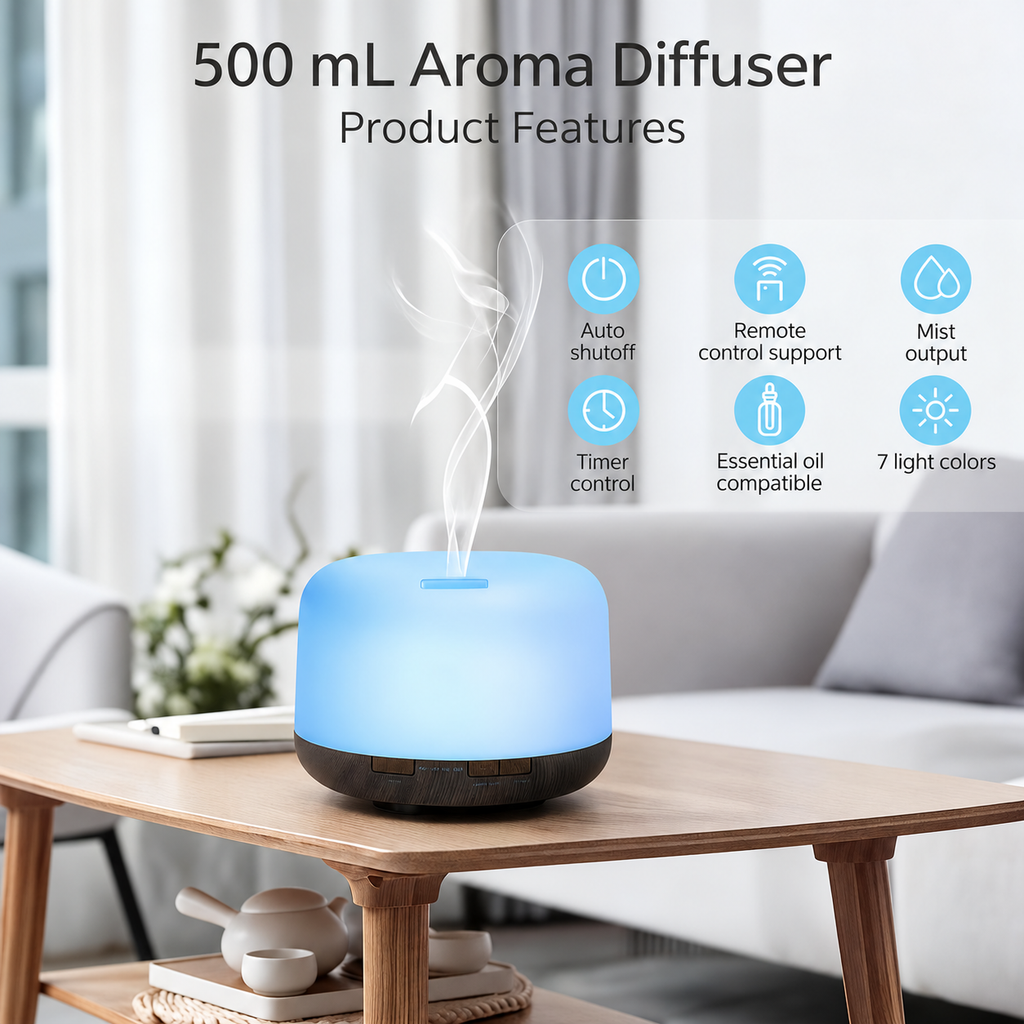 Dome aroma diffuser with six icons explaining its mist, light and timer features