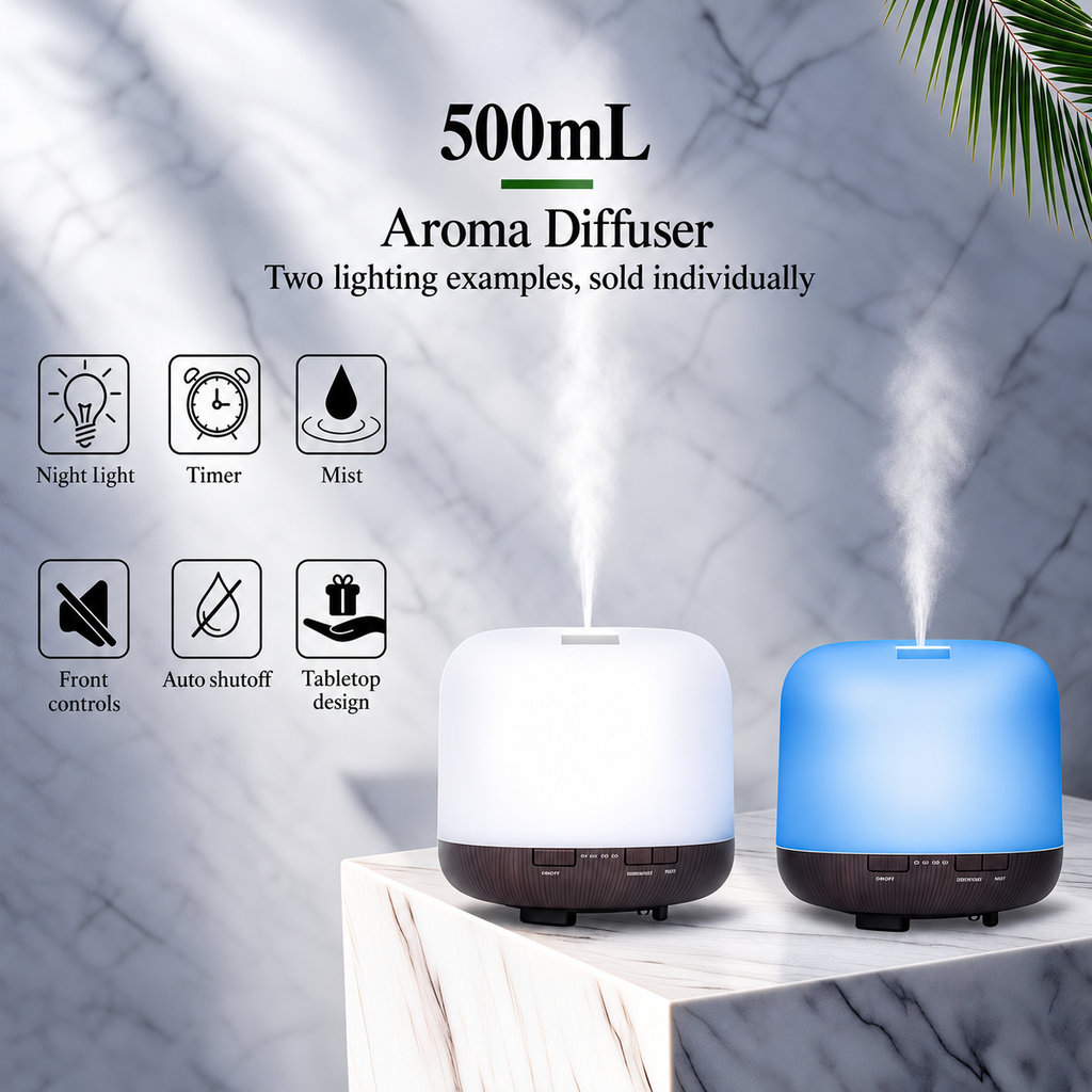 Dome aroma diffuser shown with white and blue lighting beside product feature icons