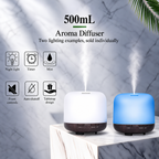 Dome aroma diffuser shown with white and blue lighting beside product feature icons