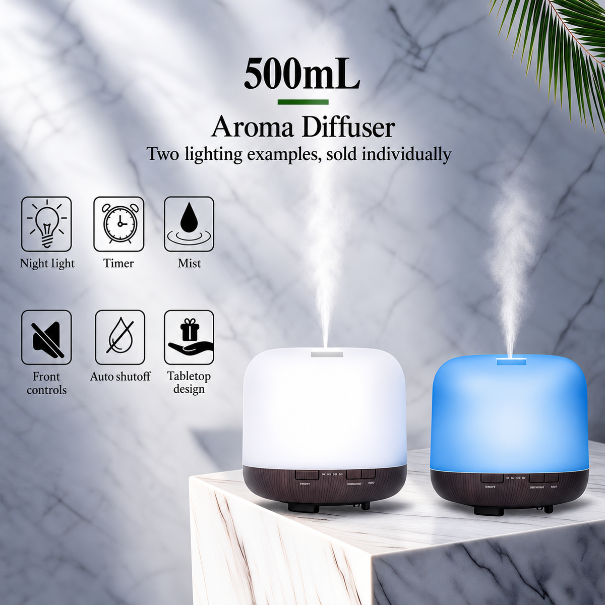 Dome aroma diffuser shown with white and blue lighting beside product feature icons