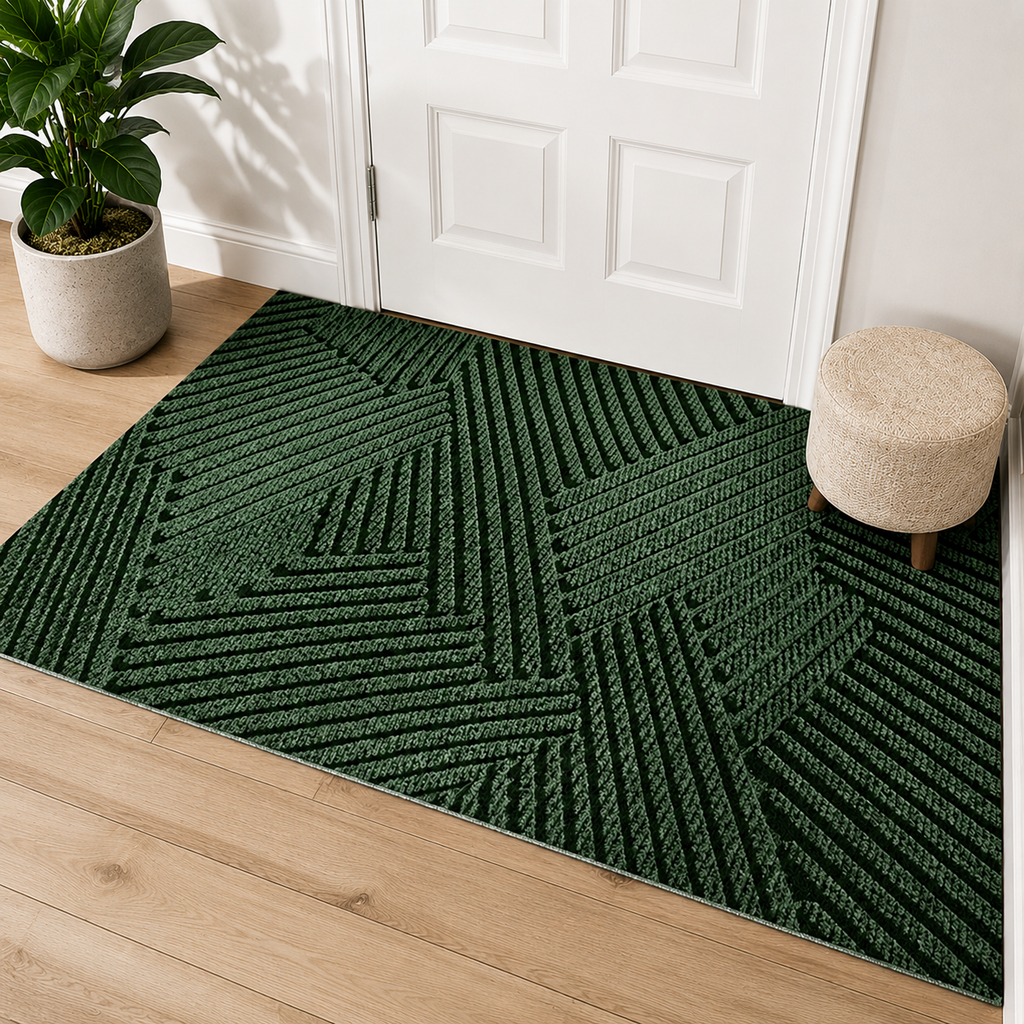 Green geometric door mat displayed in a bright American entryway before a white paneled door.