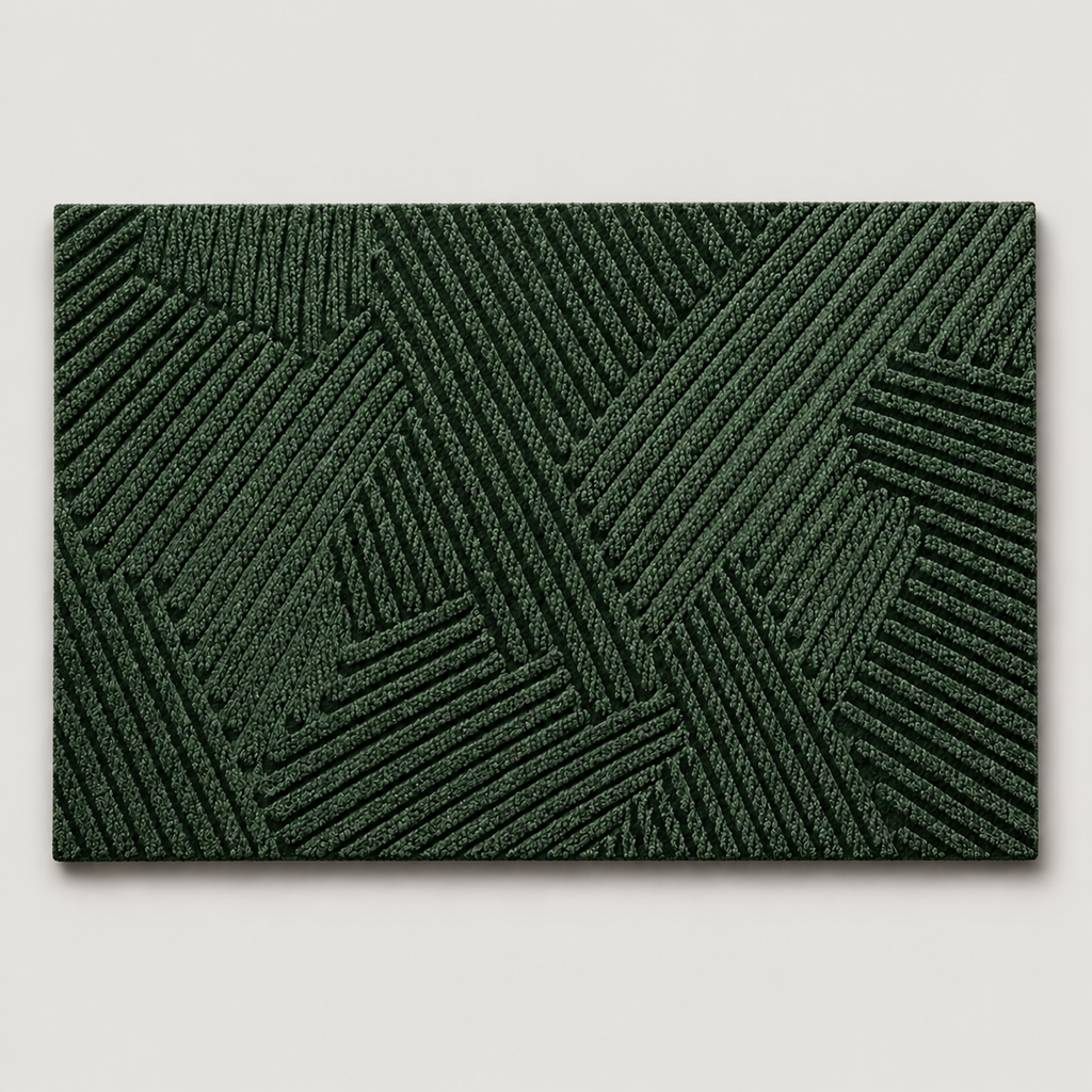 Green geometric door mat shown alone on a soft light gray studio background.