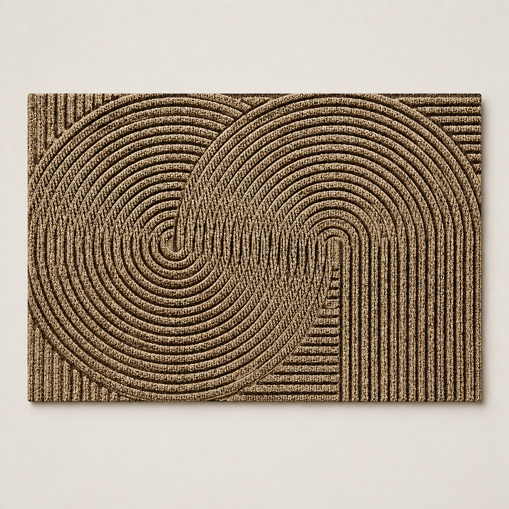 Khaki geometric door mat shown alone on a warm greige studio background.