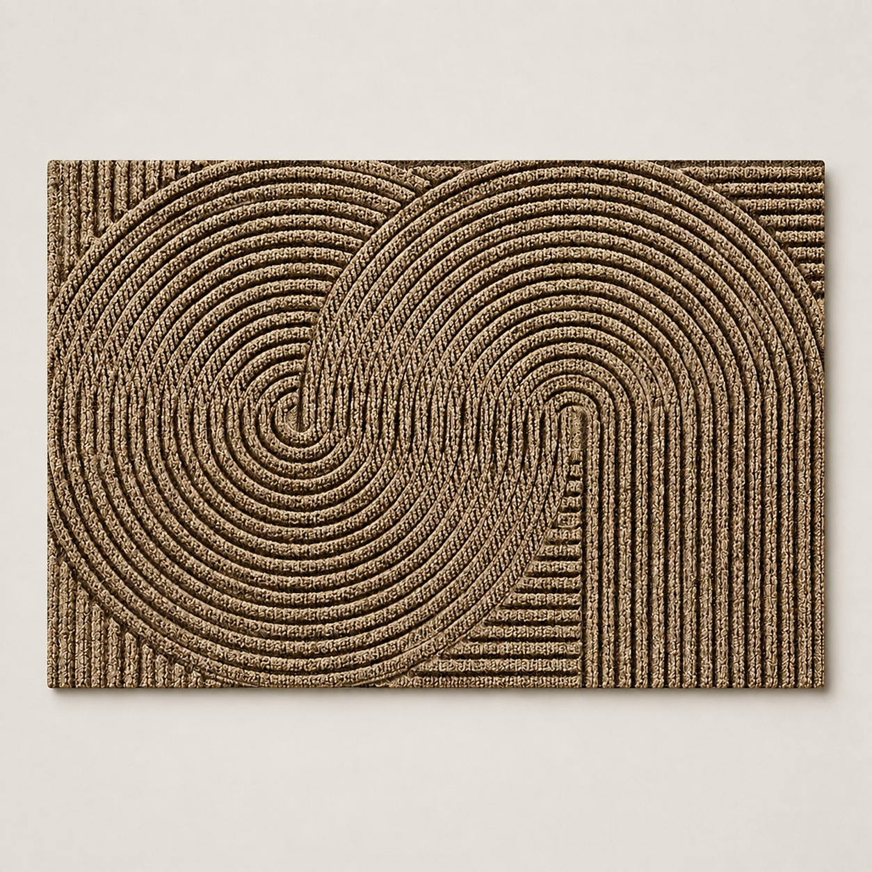 Khaki geometric door mat shown alone on a warm greige studio background.