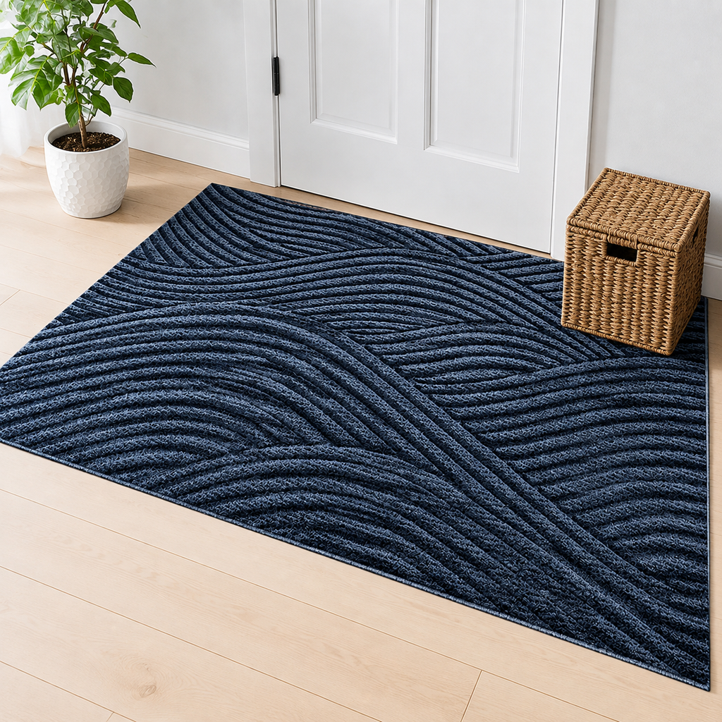 Blue geometric door mat displayed in a bright American mudroom entry.