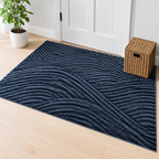 Blue geometric door mat displayed in a bright American mudroom entry.