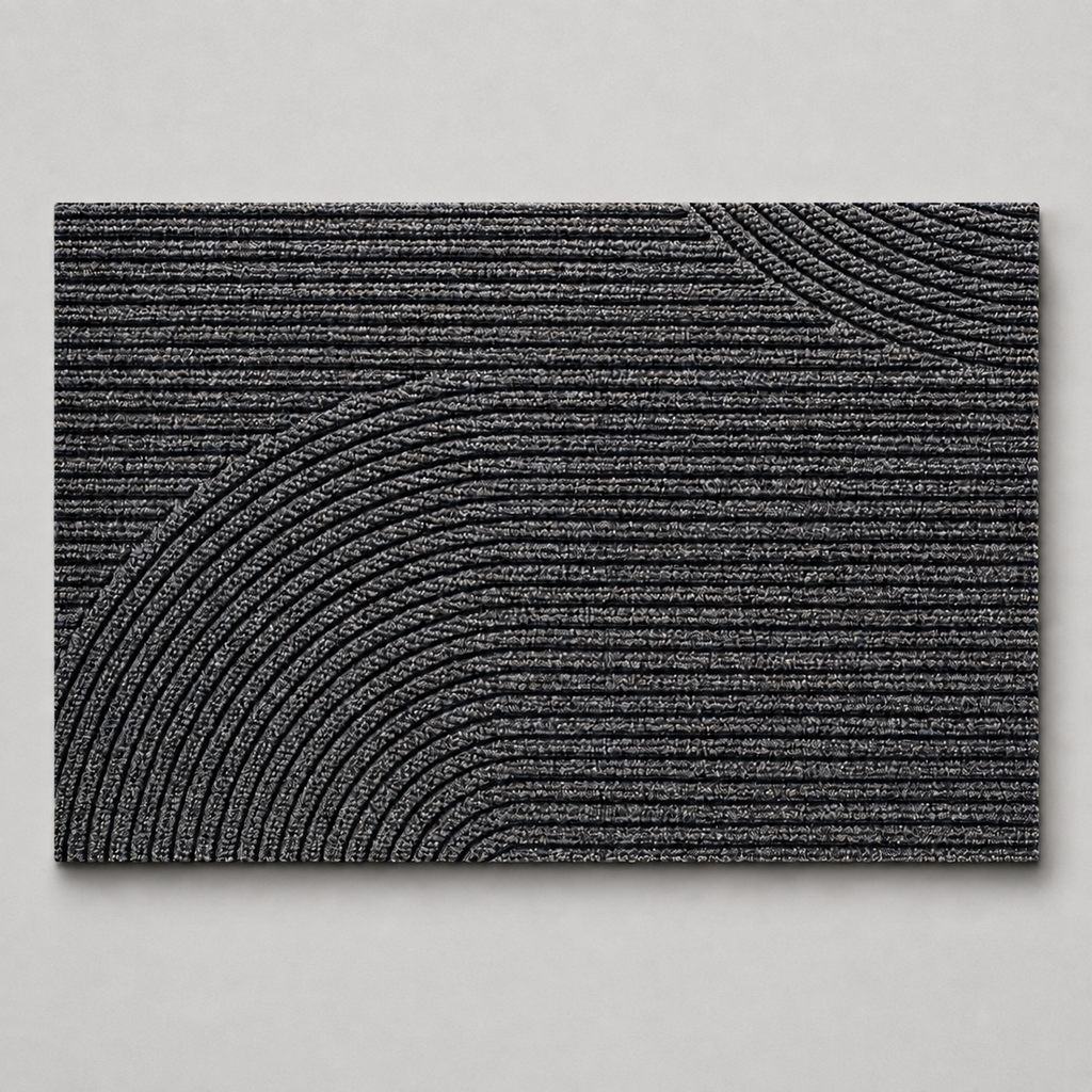 Gray geometric door mat shown alone on a pale stone gray studio background.
