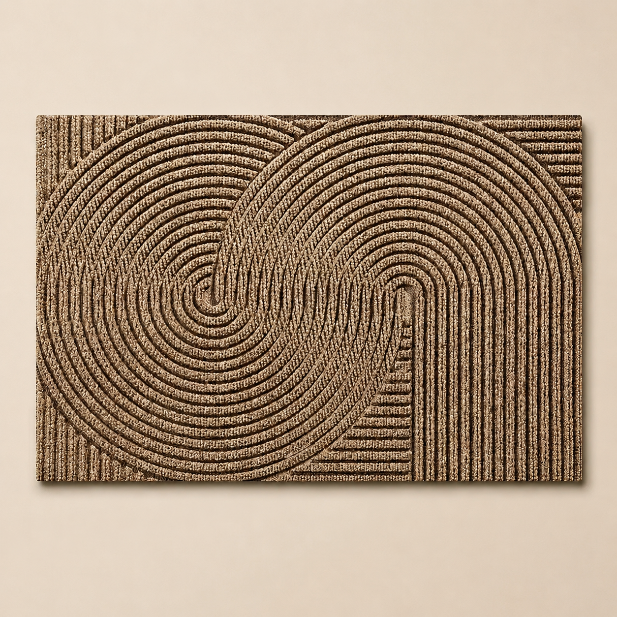 Khaki geometric door mat shown alone on a pale sand studio background.