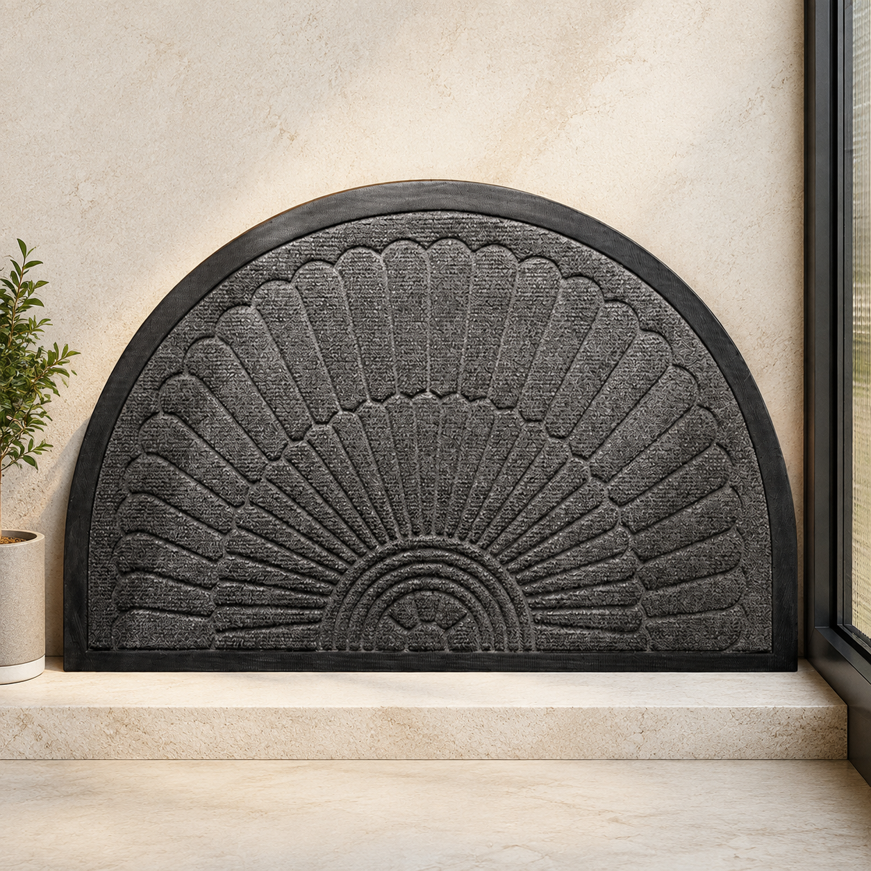 Dark gray door mat with a semi-circular sunburst pattern at an entryway.