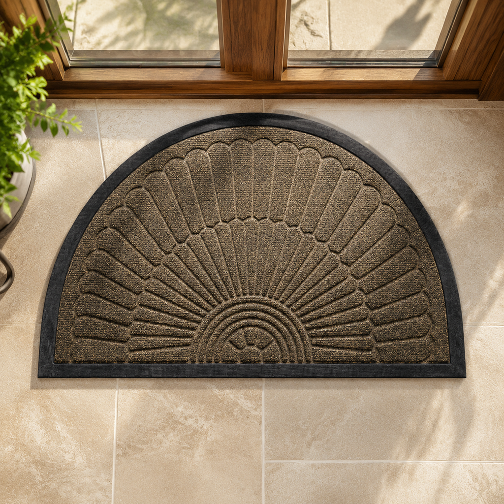 Beige brown semi-circular sunburst door mat centered on an ivory tile entry floor.