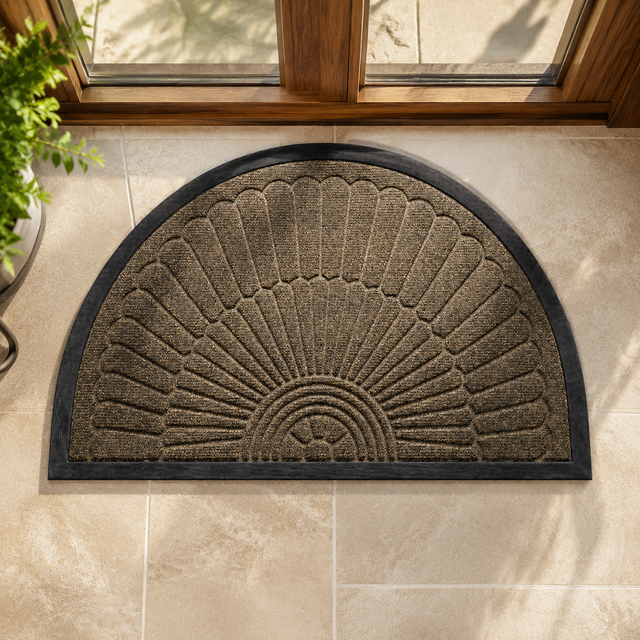 Beige brown semi-circular sunburst door mat centered on an ivory tile entry floor.