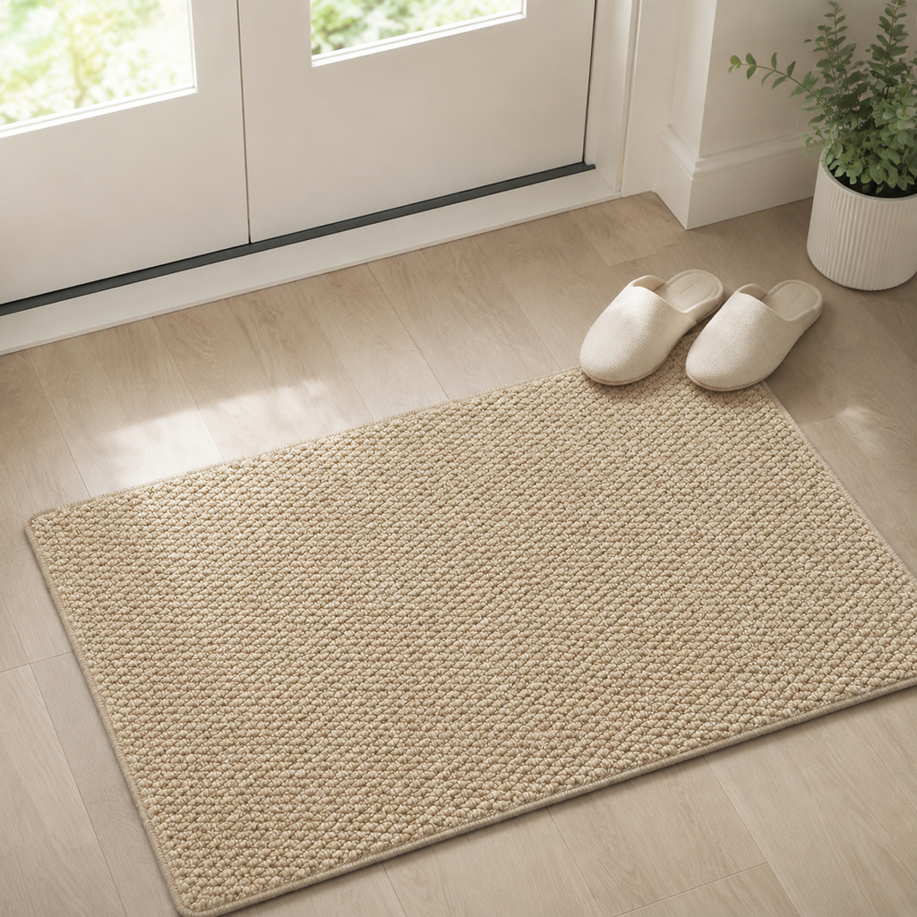 Beige door mat lies inside a doorway beside slippers on light wood flooring.