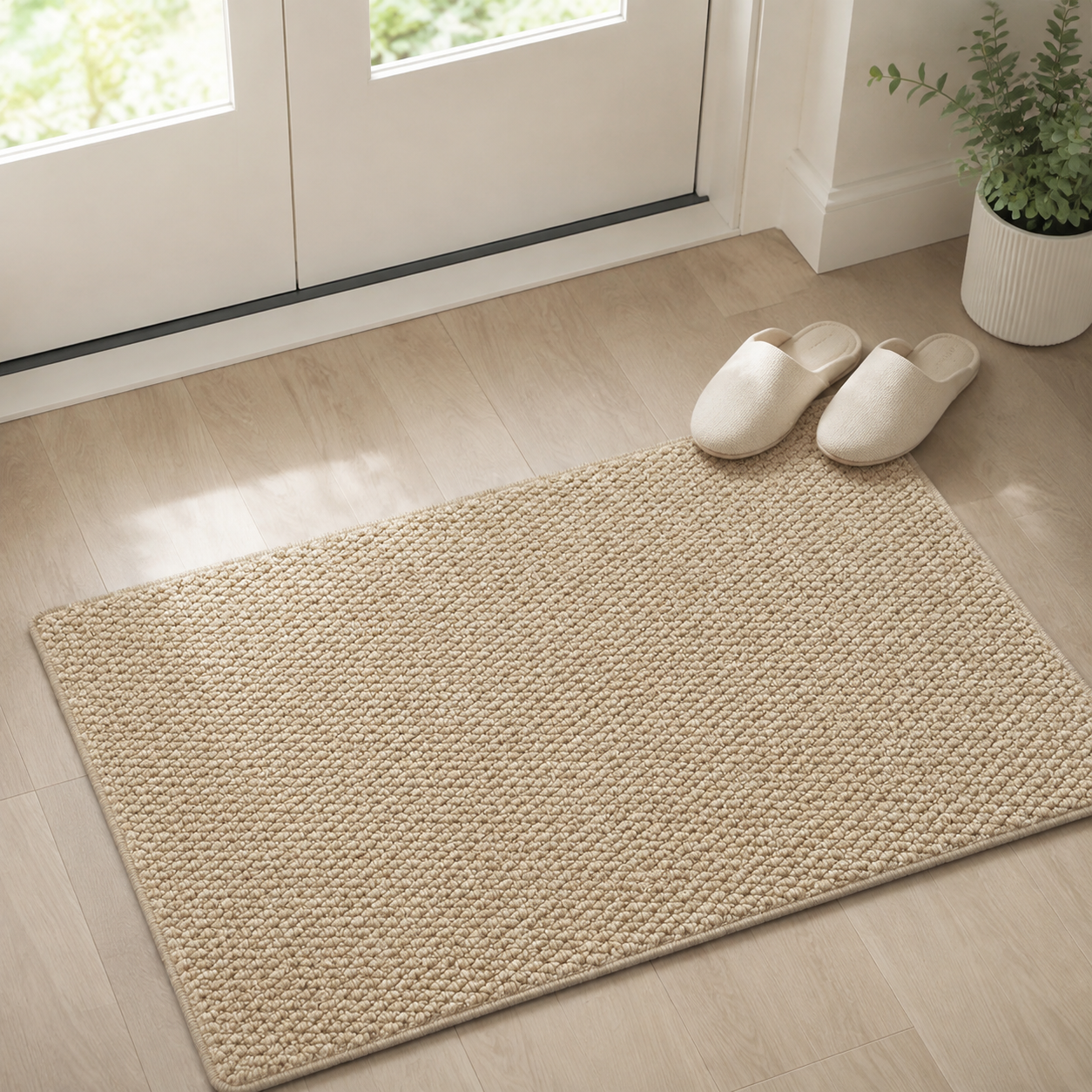 Beige door mat lies inside a doorway beside slippers on light wood flooring.
