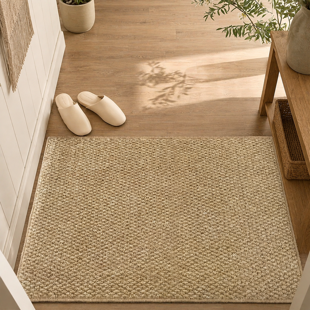 Beige door mat fills a sunlit entryway beside slippers and a wood console.