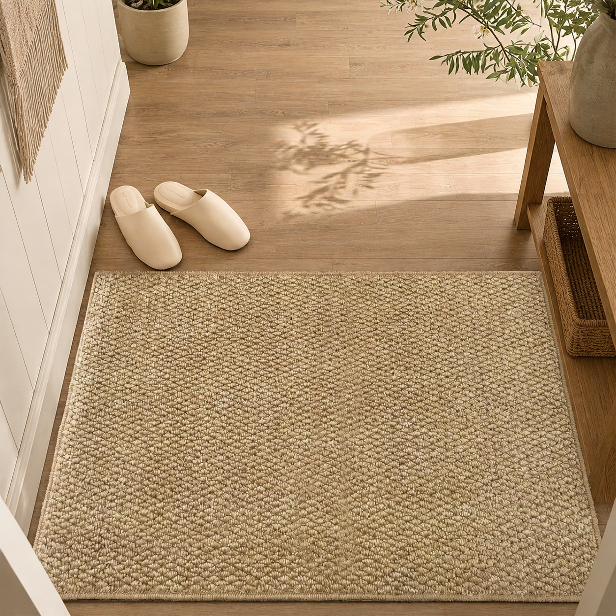 Beige door mat fills a sunlit entryway beside slippers and a wood console.
