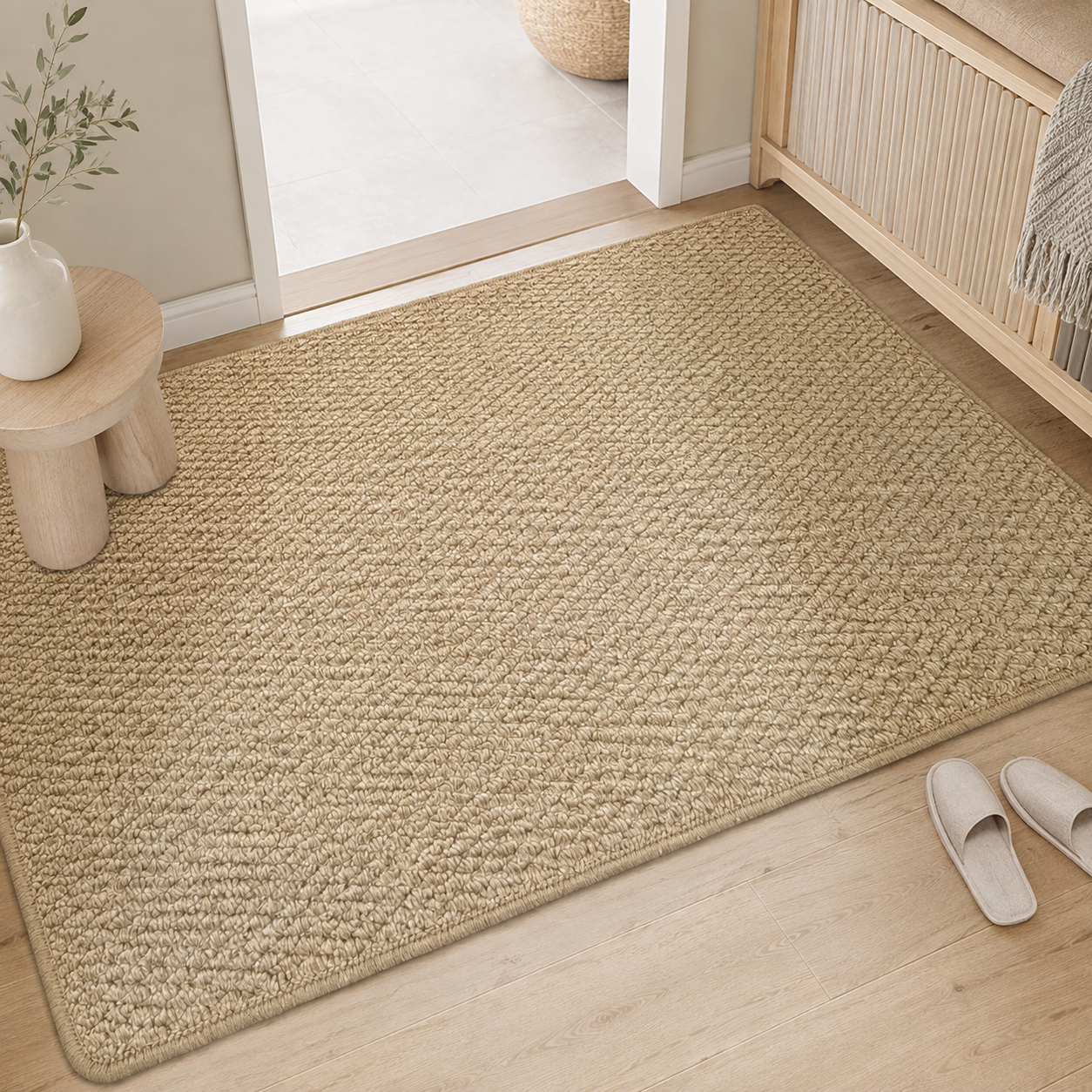 Beige door mat lies across a bright interior doorway near a small wood stool.
