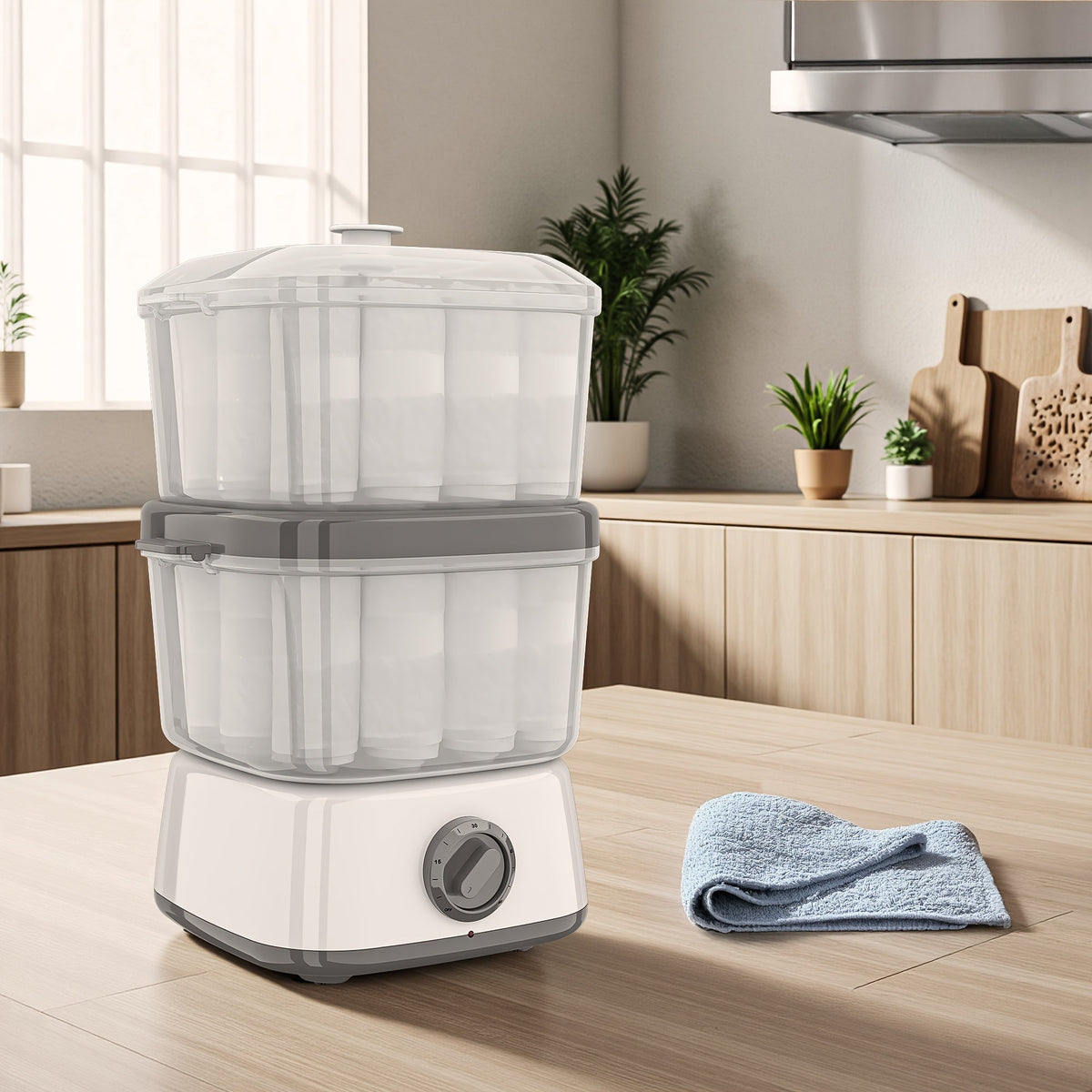 White double-layer towel steamer beside folded towels