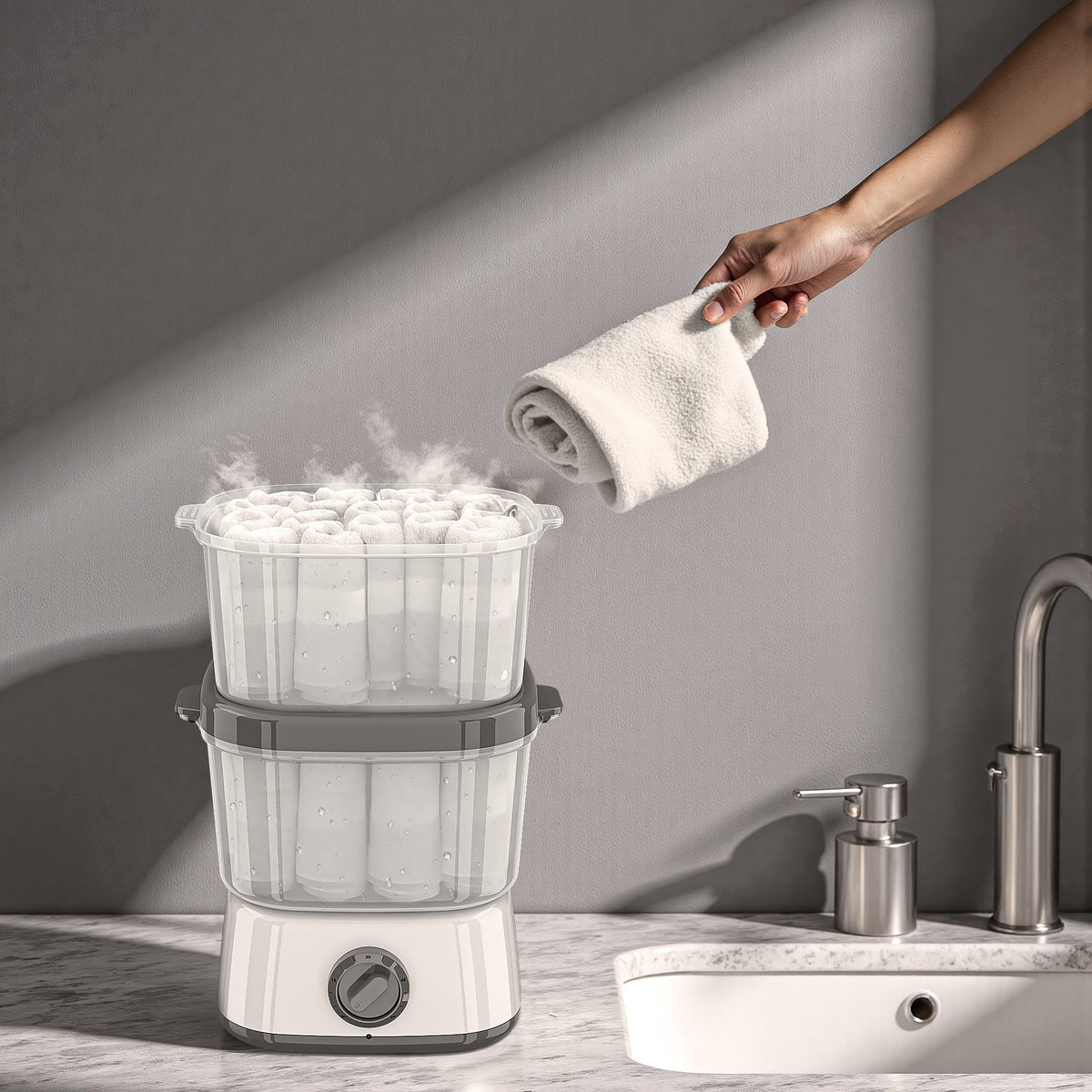 White double-layer steamer with a towel being lifted using tongs