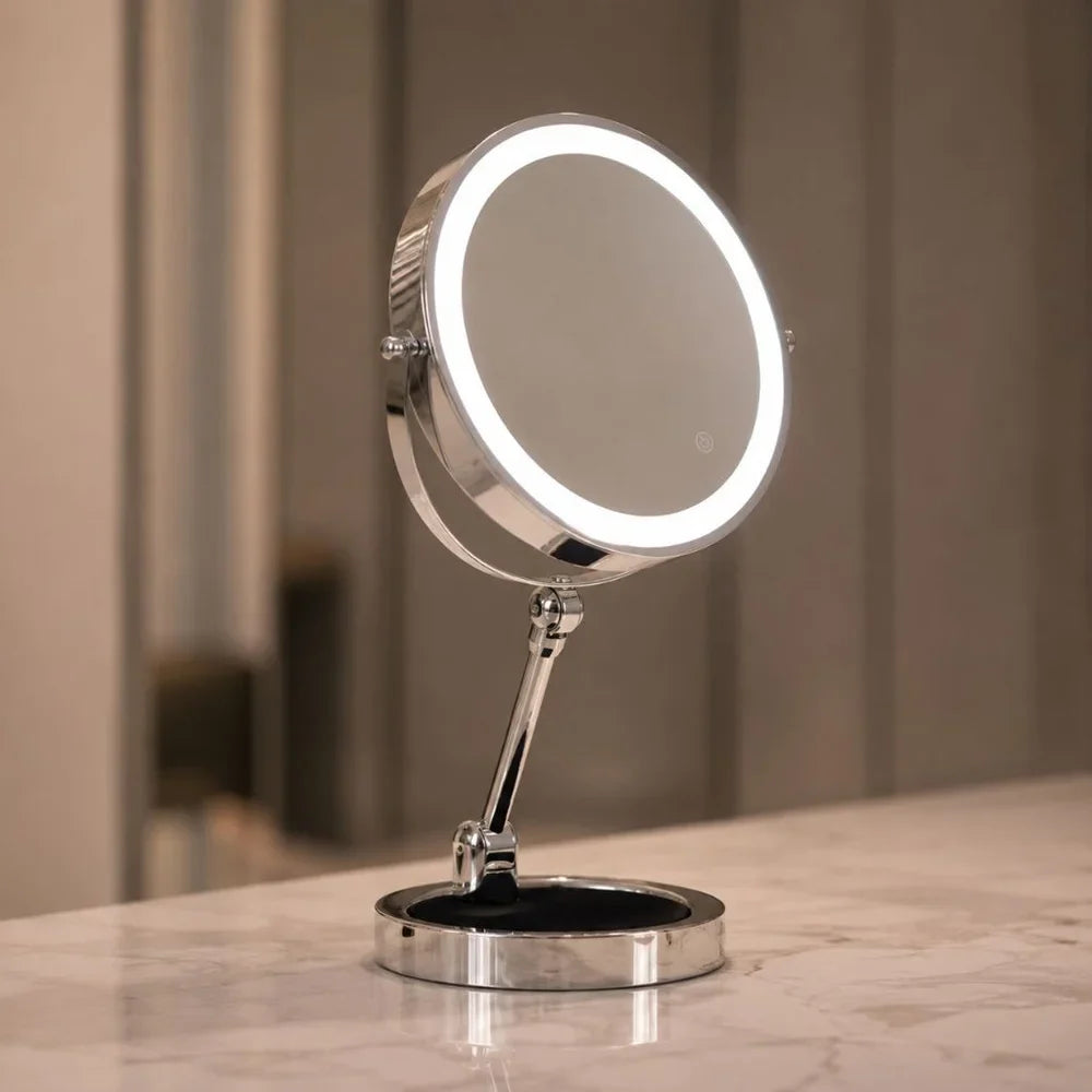 Silver dual sided makeup mirror with LED light