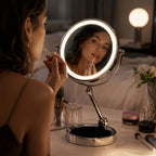 Rechargeable 1X and 10X vanity mirror on metal stand