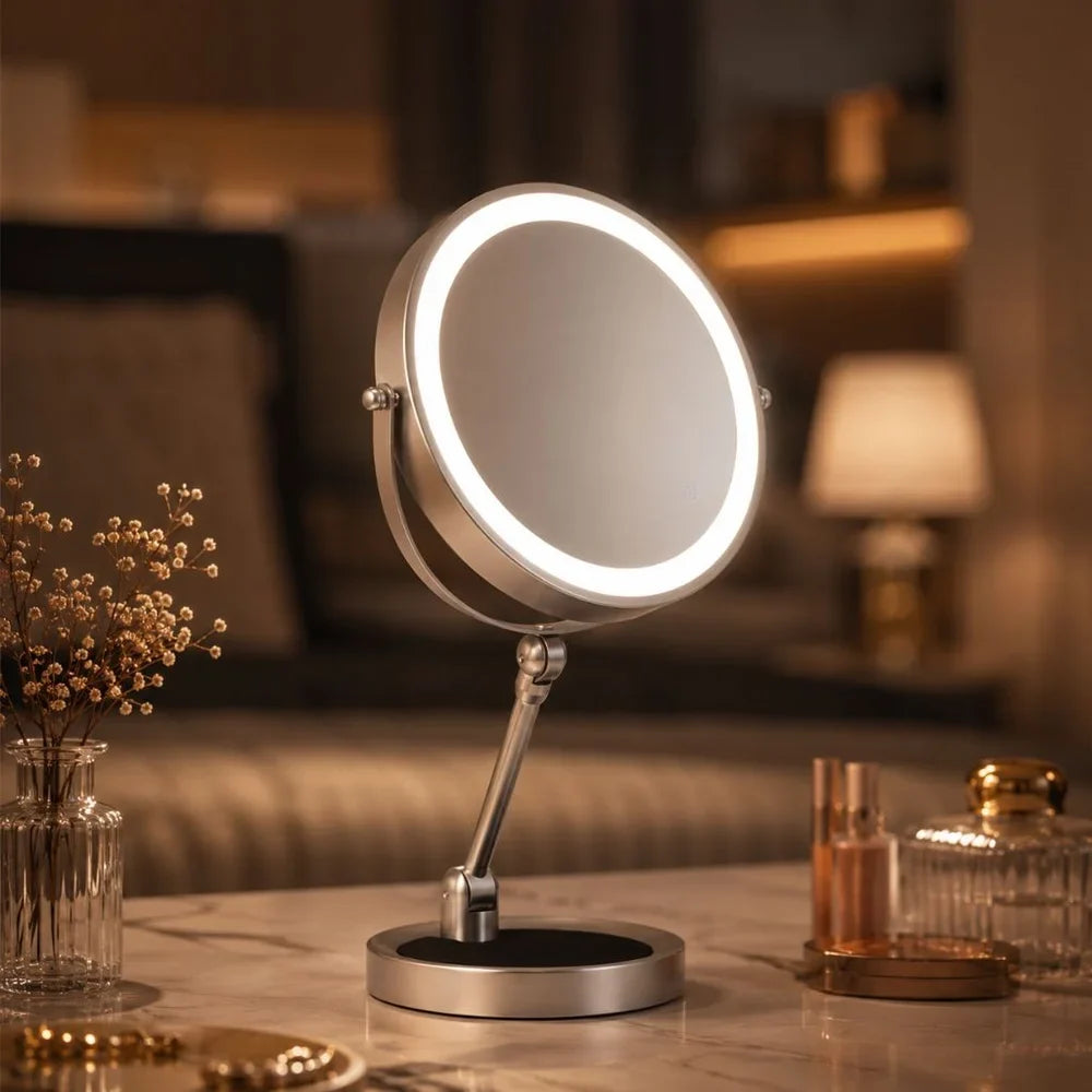 Rotating tabletop mirror with three color light modes