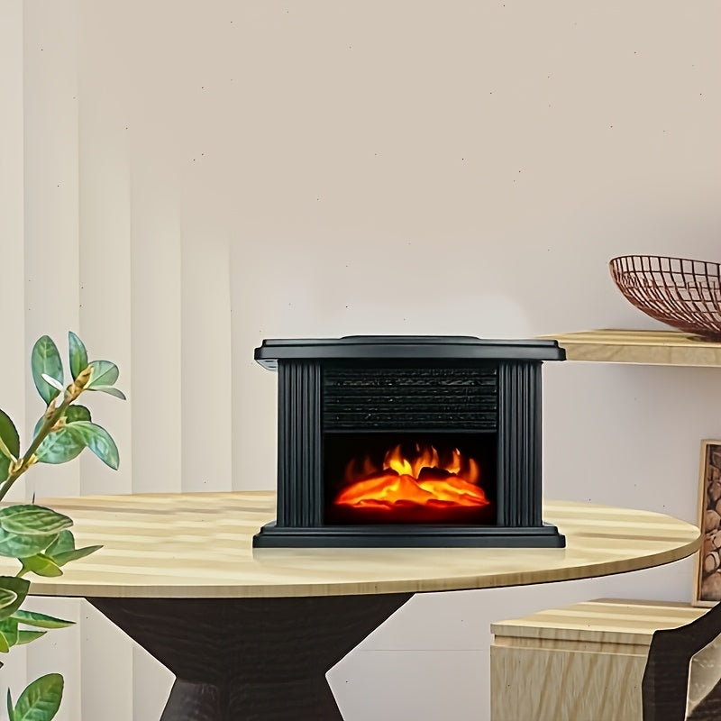 Electric fireplace heater on a round table with a glowing log effect.