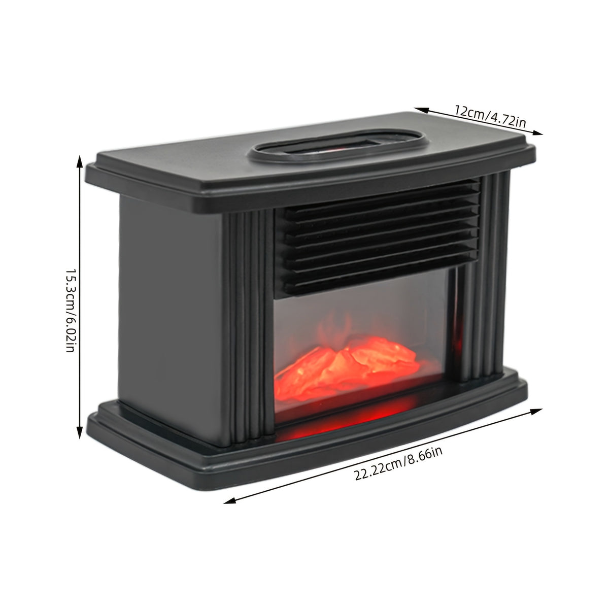 Electric fireplace heater dimension diagram on a white background.