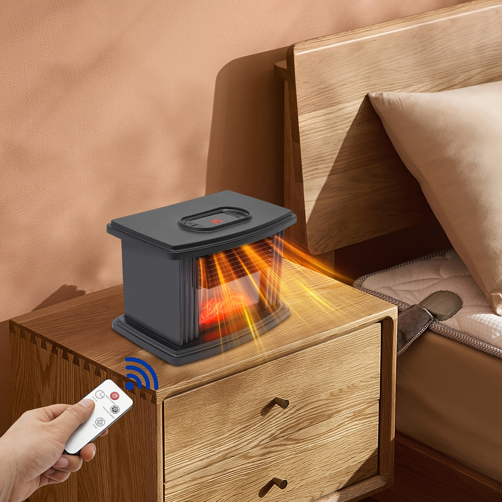 Electric fireplace heater beside a bed with a hand holding its remote control.