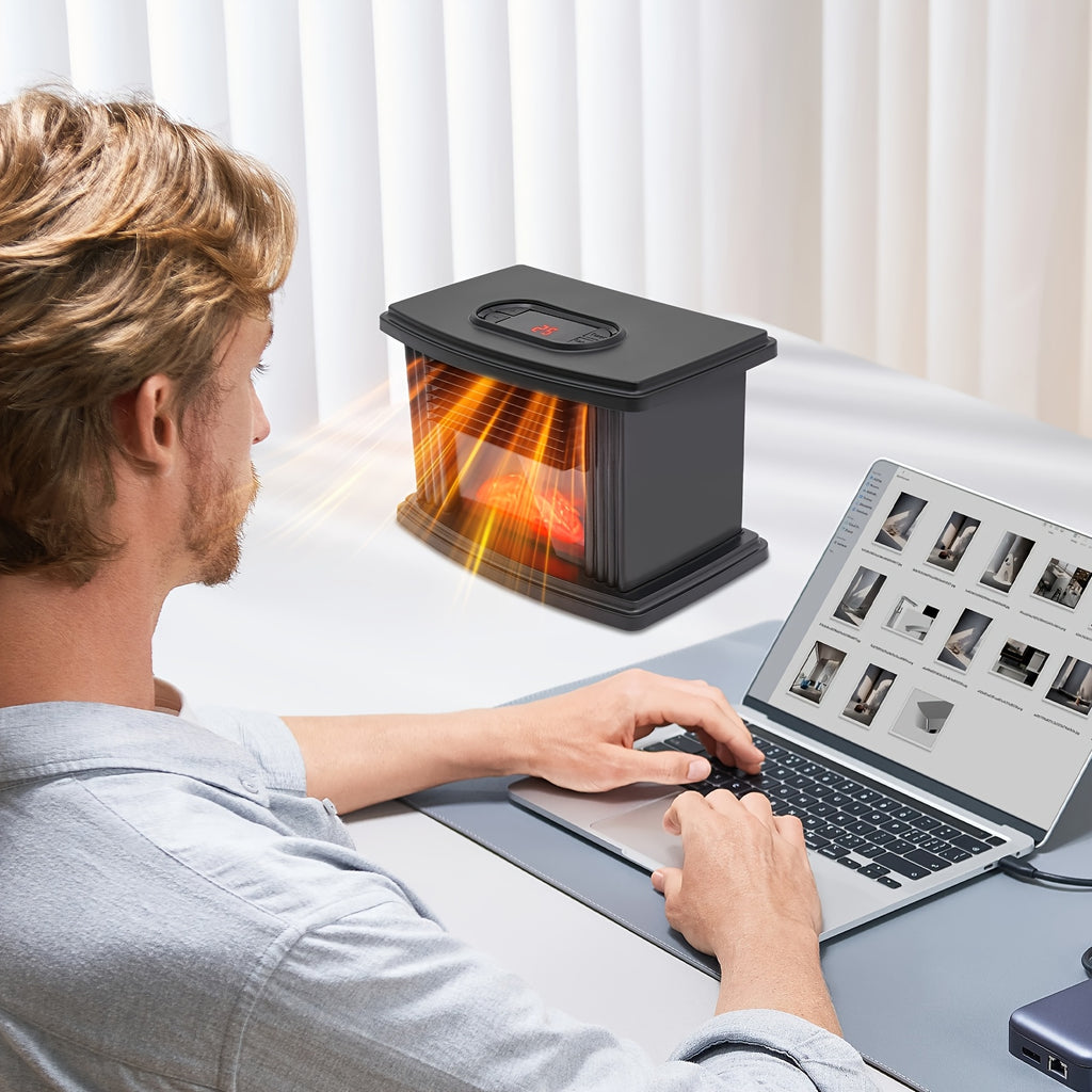 Electric fireplace heater next to a man using a laptop with illustrated warm airflow.