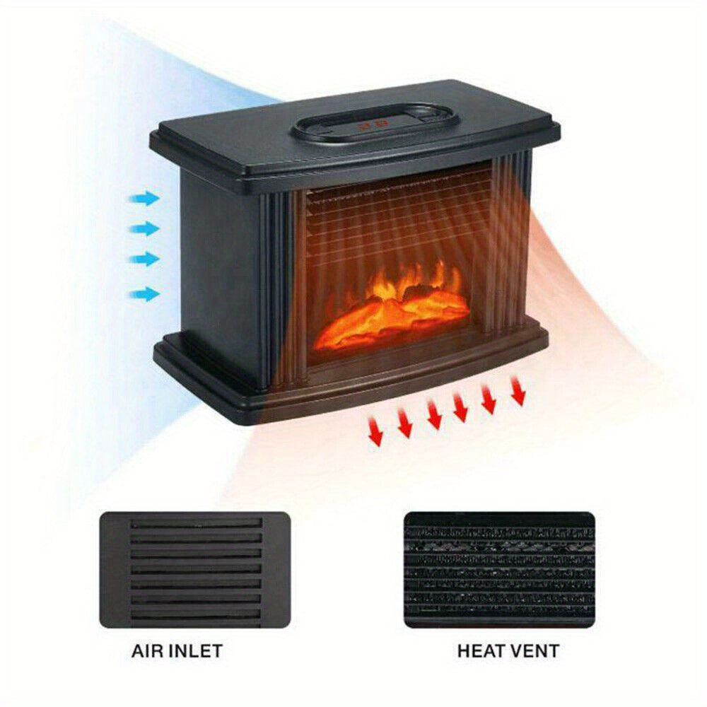 Electric fireplace heater airflow diagram and ventilation grille closeups.