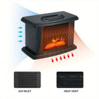 Electric fireplace heater airflow diagram and ventilation grille closeups.