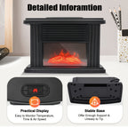 Electric fireplace heater with closeups of its control display and base.